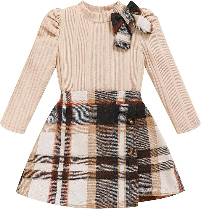 Toddler Girl Plaid Outfits Fall Winter Dress Knit Ribbed Bow Sweatshirt Tops and Button Fashion S... | Amazon (US)