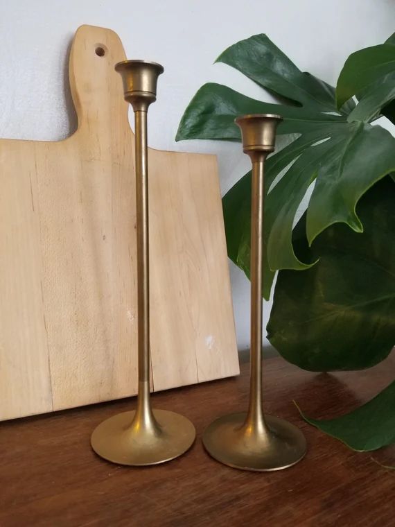 Skinny Solid Brass Vintage Candlestick Candle Holders Graduated Heights Set of 2 | Etsy (US)