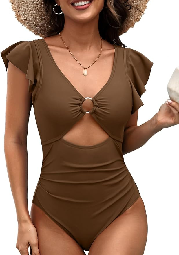 SOCIALA Ruffle One Piece Swimsuit Women O-Ring Cutout Bathing Suit Sexy Tummy Control Monokini Sw... | Amazon (US)