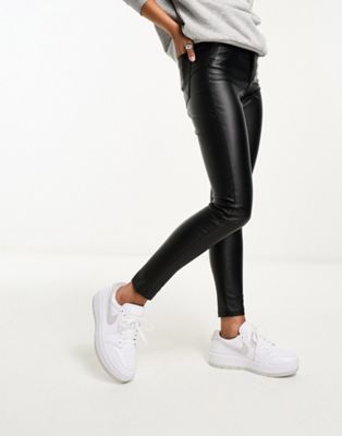 Bershka coated faux leather high waisted skinny trousers in black | ASOS (Global)