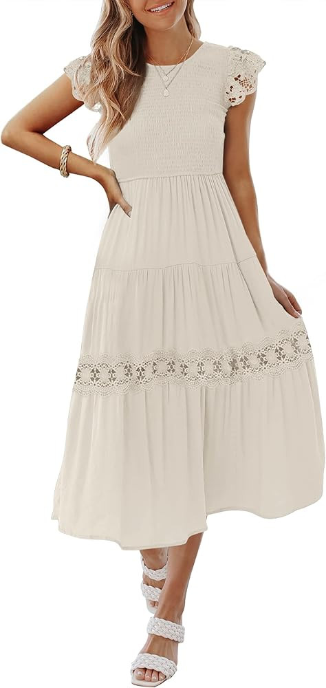 Amazon.com: ZESICA Women's 2023 Casual Crew Neck Flutter Sleeve Smocked High Waist Hollow Out Lac... | Amazon (US)