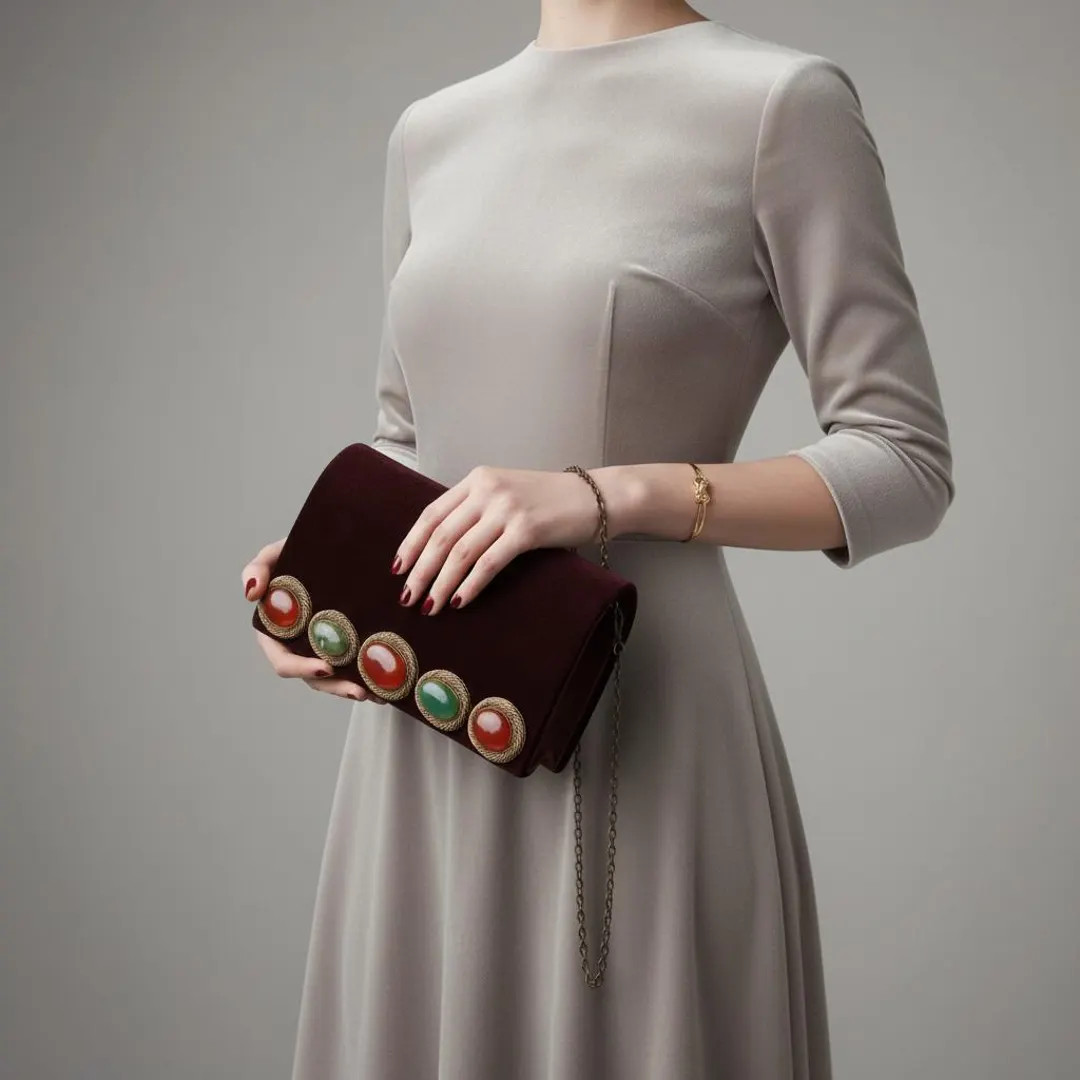 Golden Hues: Brown Zardosi Evening Velvet Clutch Purse with Carnelian & Pinite Gemstone Embellish... | Etsy (US)