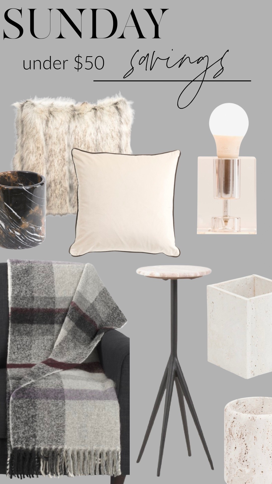 Sunday savings under $50 — cozy neutrals, modern textures, and simple accents that elevate your space without breaking the budget. Linking my favorite affordable finds: faux fur and velvet pillows, marble details, a chic mini lamp, and the softest throw. Each piece adds that high-end feel for less. #LTKhome #SundaySavings #LTKunder50 #NeutralModernHome #AffordableHomeDecor #LTKinterior #HomeStyle #LTKfinds #BudgetFriendlyDecor #ModernCozy

#LTKHome #LTKSaleAlert #LTKFindsUnder50