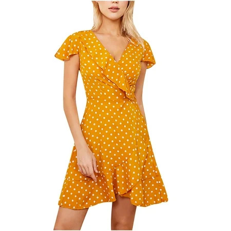 CLEARANCE Dresses for Women 2023 Casual Yellow Dress Mini Dresses Short Sleeve Dresses Polka Dot Dre | Walmart (US)