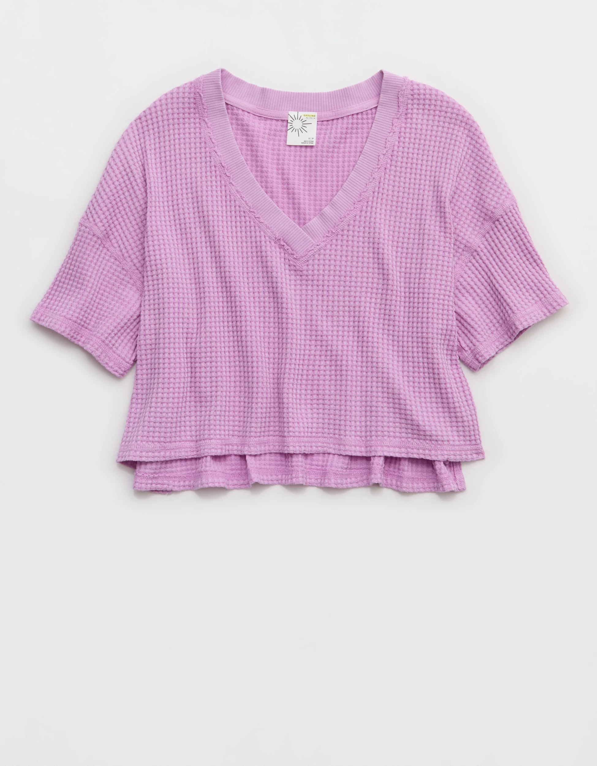 OFFLINE By Aerie Wow! Waffle V Neck Cropped Relaxed Short Sleeve T-Shirt | American Eagle Outfitters (US & CA)