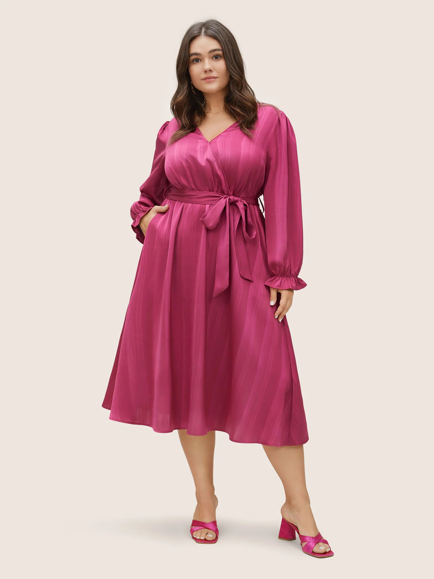 Striped Elastic Waist Wrap Belted Gathered Dress | Bloomchic