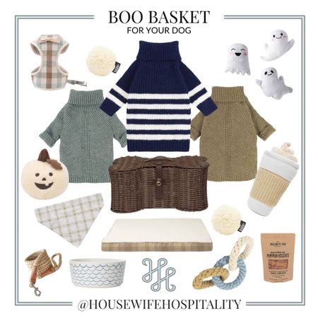A Boo Basket for your dog. New England Preppy Coastal Style assortment of gifts for your best boy. He’s gonna love everything from the cozy cable knit sweaters, to a plush PSL, as well as treats, a water bowl, rope toys, a plaid dog bed, and a wicker toy basket toys perfect for the fall season. Dog gifts, coastal inspired, grandmillennial, gentleman, classic style, puppy presents

#LTKGiftGuide #LTKhome #LTKSeasonal