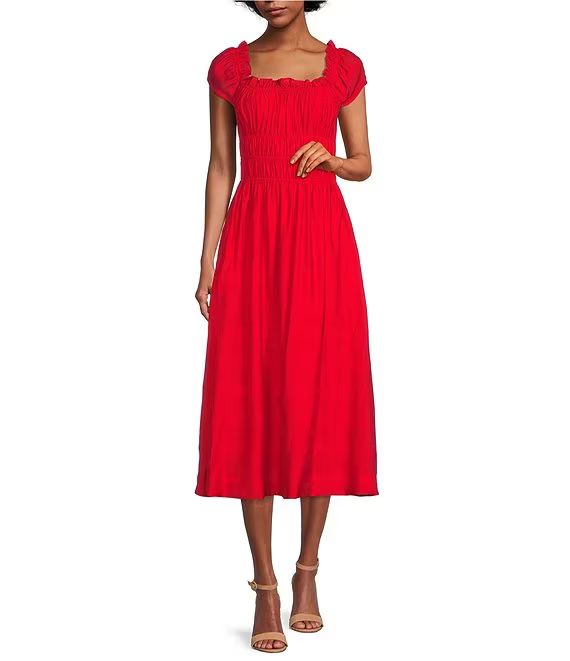 Willa Smocked Square Neck Puff Cap Sleeve Midi Dress | Dillard's