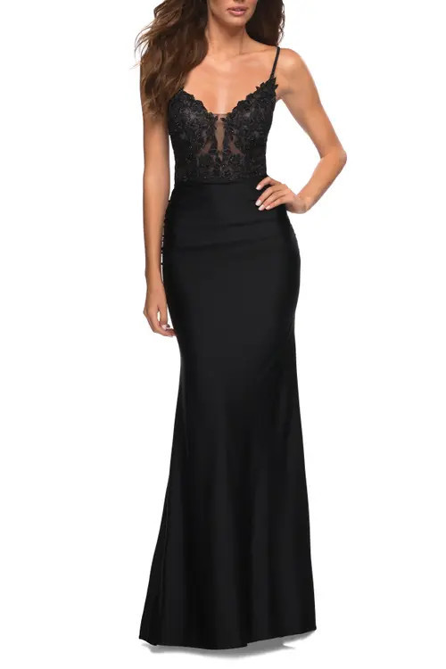 La Femme Prom Dress with Beautiful Lace Bodice and Jersey Skirt in Black at Nordstrom, Size 2 | Nordstrom