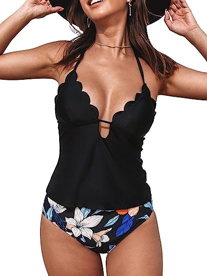 CUPSHE Women Tankini Swimsuit Scalloped Hipster Backless Two Piece Bathing Suit | Amazon (US)