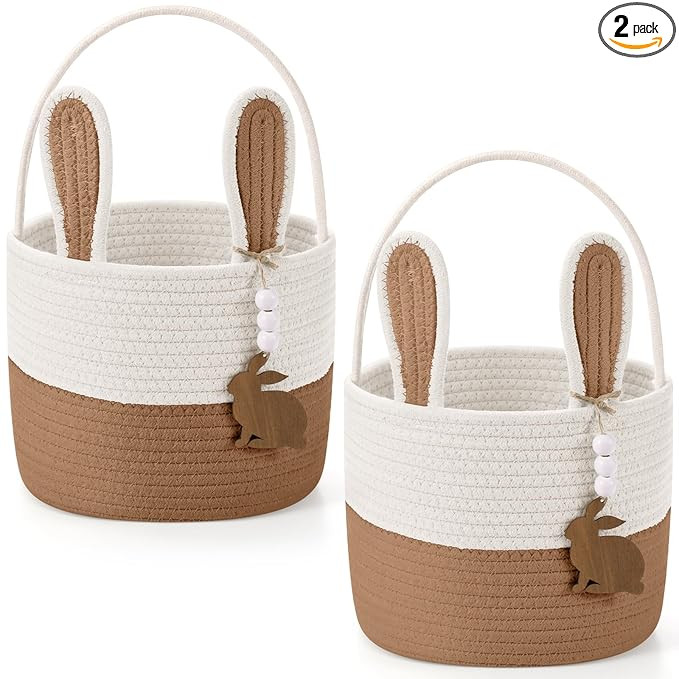 2 Pcs Large Easter Baskets Woven Rope Bunny Basket Unique Easter Basket with Rabbit Wood Name Tag... | Amazon (US)