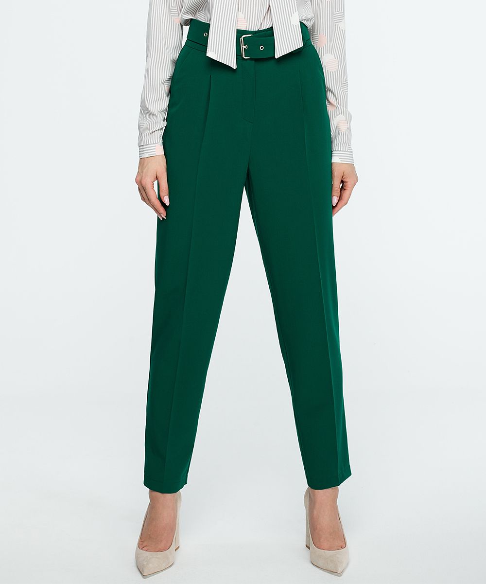 Stylove Clothing Women's Dress Pants GREEN - Green Belt-Accent High-Waist Pants - Women | Zulily