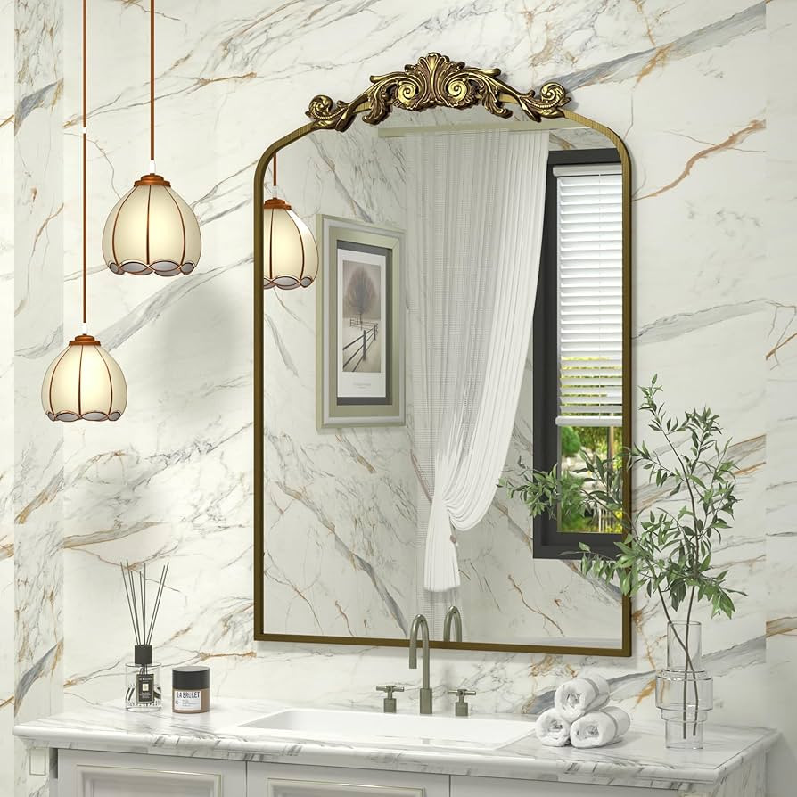 24x36 Ornate Vintage Mirror, Gold Arched Antique Mirror for Bathroom Wall, Baroque Inspired, Meta... | Amazon (US)
