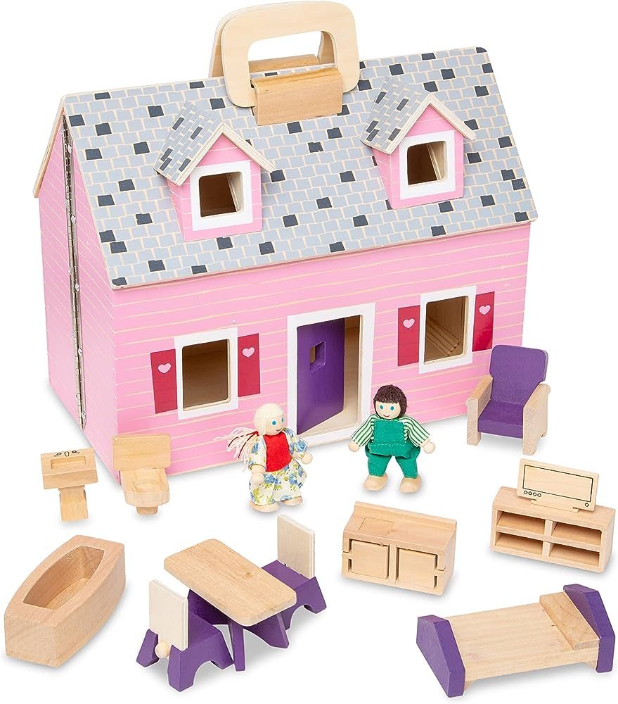 Melissa & Doug Fold and Go Wooden Dollhouse With 2 Dolls and Wooden Furniture,Multi,One Size | Amazon (US)