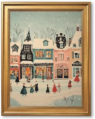 DSWEGVR Gold Frame Cute Winter Village Wall Art Christmas Snow Scene Poster Canvas Print Cozy Hol... | Amazon (US)