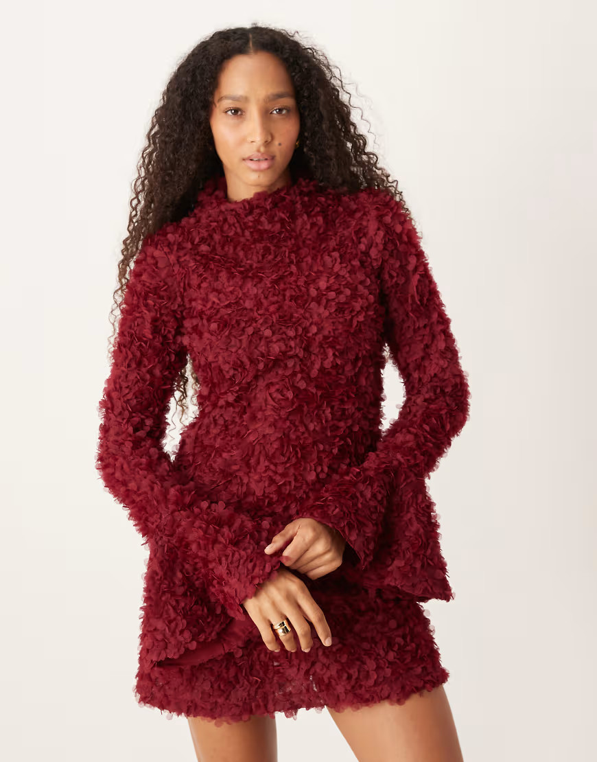 Amy Lynn textured bell sleeve high neck mini dress in red | ASOS (Global)