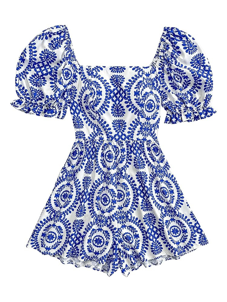 Milumia Women's Boho Floral Print Square Neck Puff Short Sleeve Rompers Jumpsuit | Amazon (US)