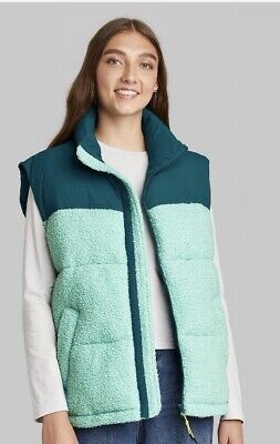 Womens TARGET Wild Fable Oversized Puffer Vest Black Color Green Sherpa Large | eBay AU