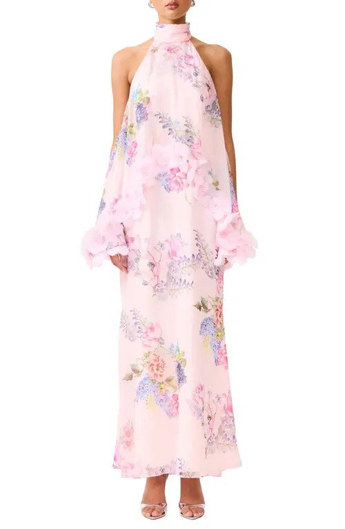 Elliatt Millie Floral Appliqué Tiered Halter Neck Gown in Pink Multi at Nordstrom, Size Medium | Nordstrom