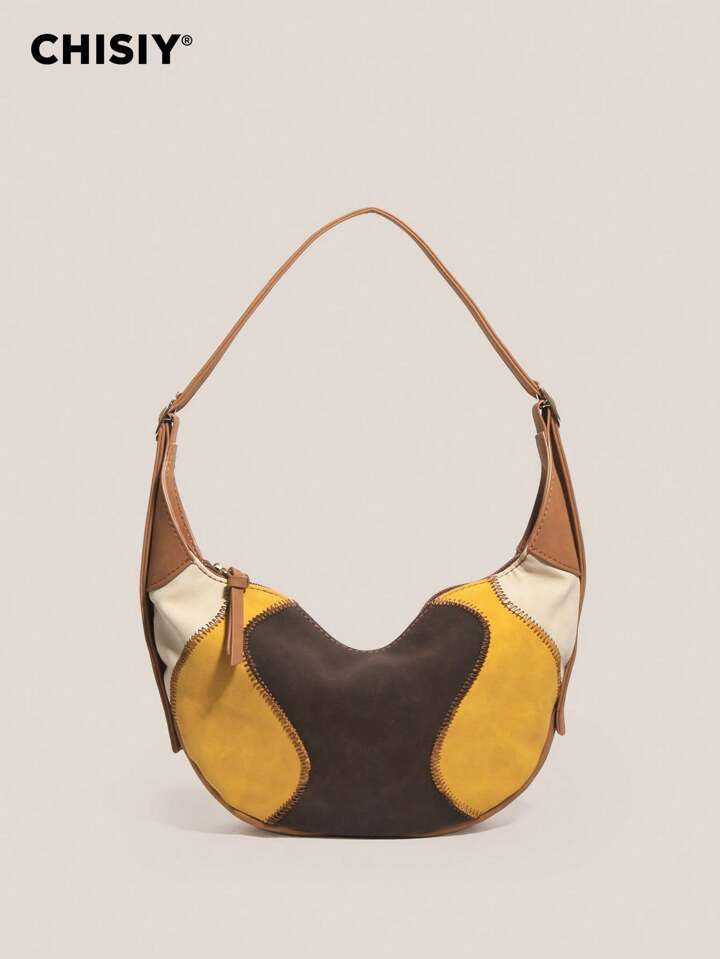 CHISIY Original Handmade Bologna Fashionable Patchwork Art Color Block Large Capacity Multi-Color Crescent Tote Bag, Casual Business Lady Commute Bag, Elegant Design Shopping Multi-Function Shoulder Bag, Valentine's Day/New Year Gift, Suitable For Work Commute, Shopping, Travel, Autumn/Winter | SHEIN