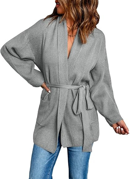 Actloe Women Open Front Tie Waist Cardigan Long Sleeve Casual Outerwear with Pockets | Amazon (US)