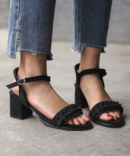 Black Ruffle-Accent Block-Heel Sandal - Women | Zulily