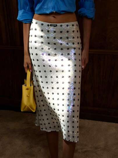 SHEIN X Scot Louie Muvela Women's Low-Waist Mid-Length Polka Dot Sequin Skirt, Versatile Vintage ... | SHEIN