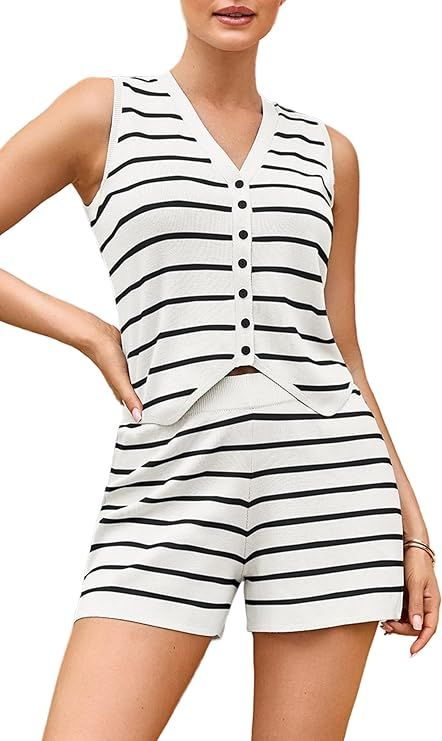 ECOWISH Women Two Piece Outfits: Summer Knit Striped Lounge Matching Set Sleeveless Button Down T... | Amazon (US)