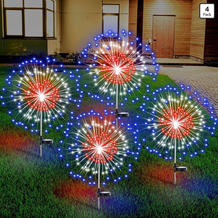 4th of July Decorations Outdoor 4 Pack Colored Solar Firework Lights with 180 LED Patriotic Solar... | Amazon (US)