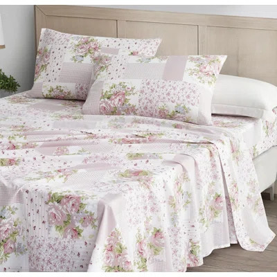 Rosy Floral Patchwork Printed Cotton Bed Sheet Set | Wayfair Professional
