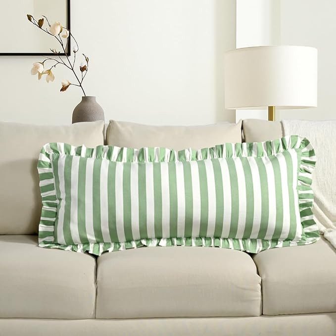 CPC Green Striped Hand Block Print Cotton Ruffle Decorative Sham Covers with Hidden Zipper 36" x ... | Amazon (US)
