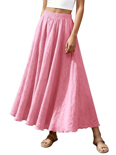 Ezcosplay Womens Long Maxi Skirt Summer Beach A-Line Dress Elastic Waist Boho Flowy Skirts Juniors Pink | Amazon (US)