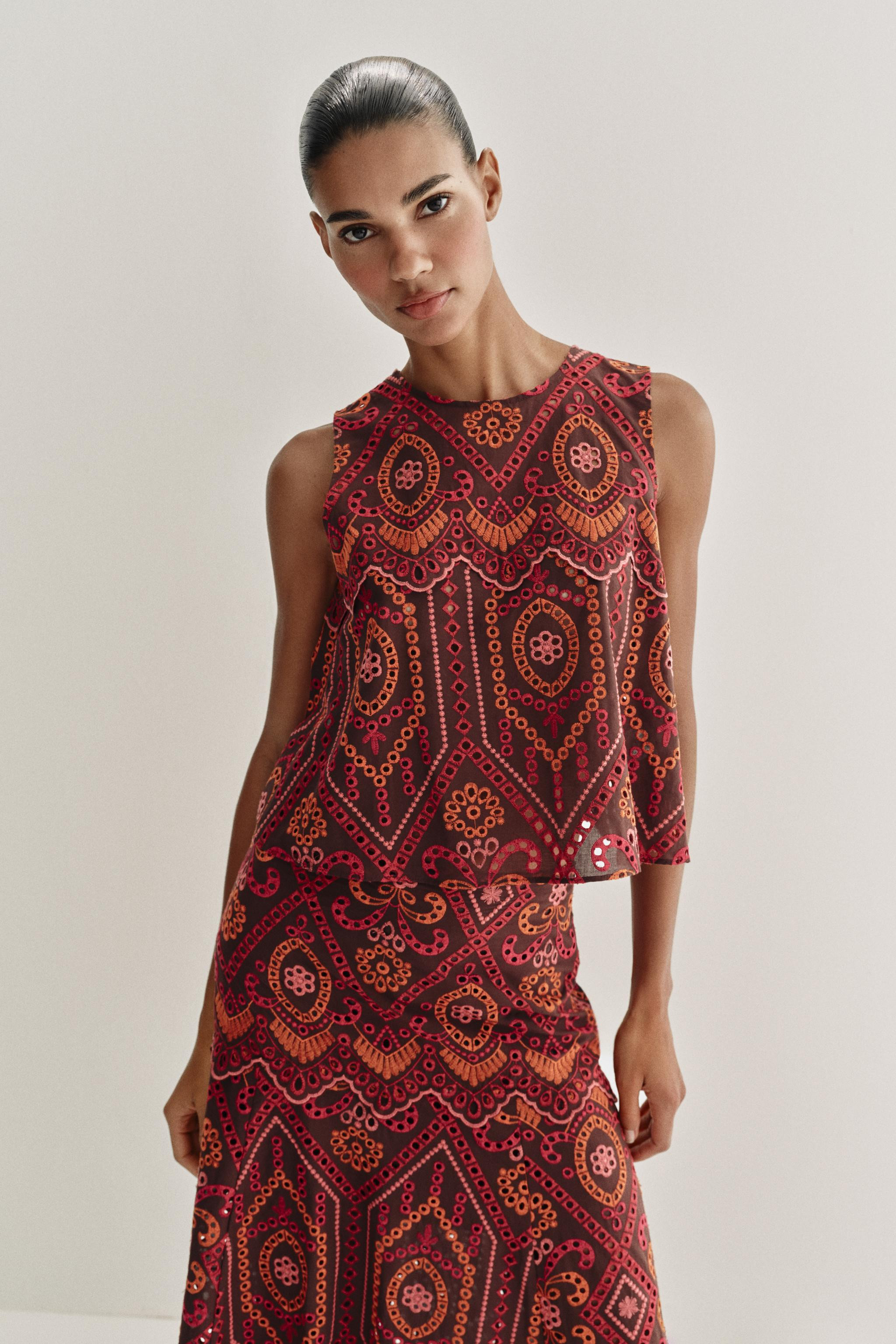 EMBROIDERED EYELET MIDI SKIRT | Zara US