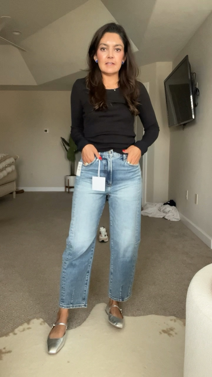 NSALE outfit. Barrel jeans. Silver Mary Jane's. Jeans are tts