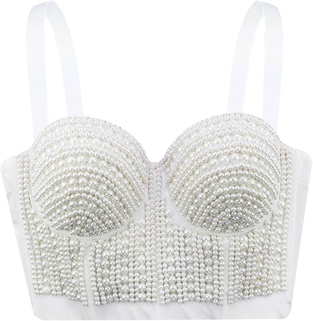 Women's Pearls Beaded Bustier Crop Top Push Up Club Party Sexy Corset Top Bra | Amazon (US)
