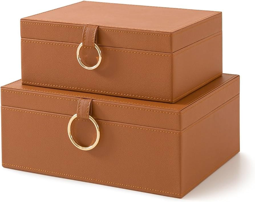 Soul & Lane Faux Leather Storage Box Set, 2 Decorative Boxes with Lids for Home Decor, Coffee Tab... | Amazon (US)