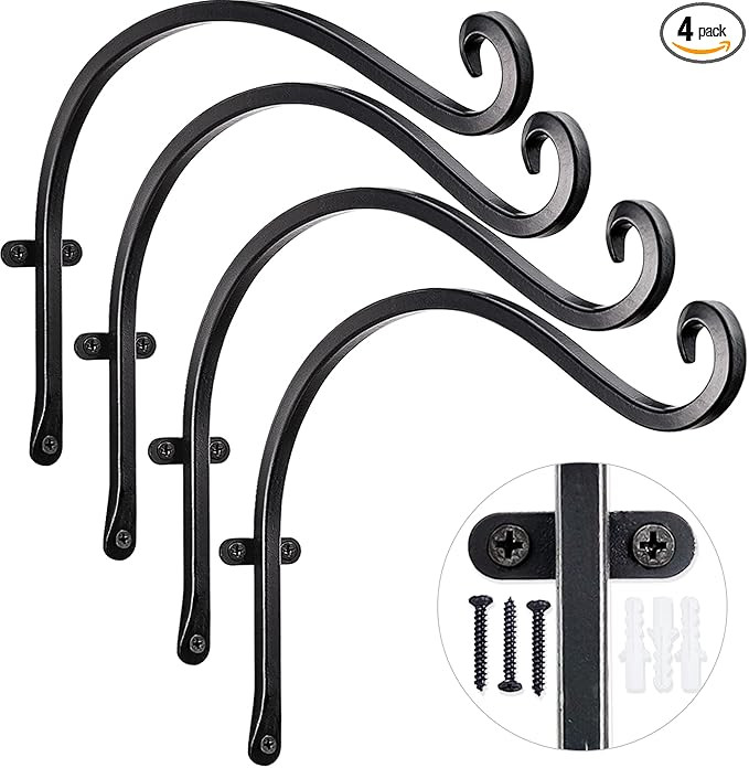 AJART Hanging Plant Hanger Outdoor: 12-Inch Metal Bird Feeder Wall Hooks - 4 Pieces Black Plant B... | Amazon (US)