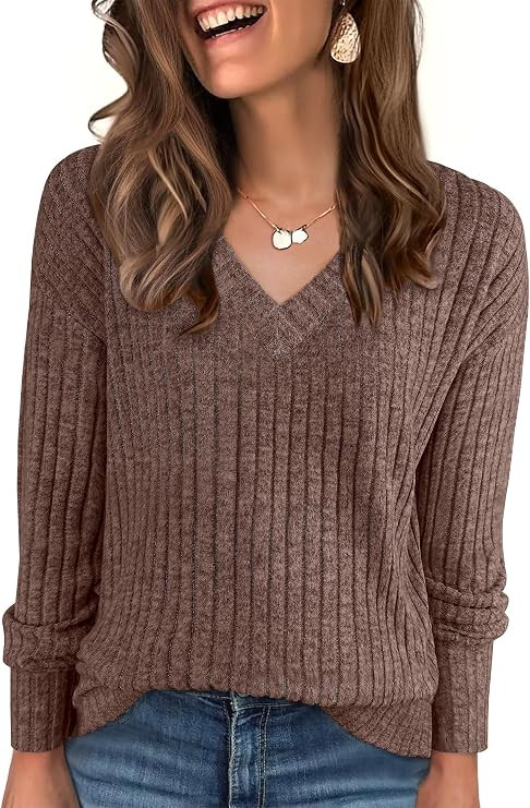 ANRABESS Ribbed V Neck Long Sleeve Shirts for Women | Soft lightweight Sweaters, Loose Fit, Offic... | Amazon (US)