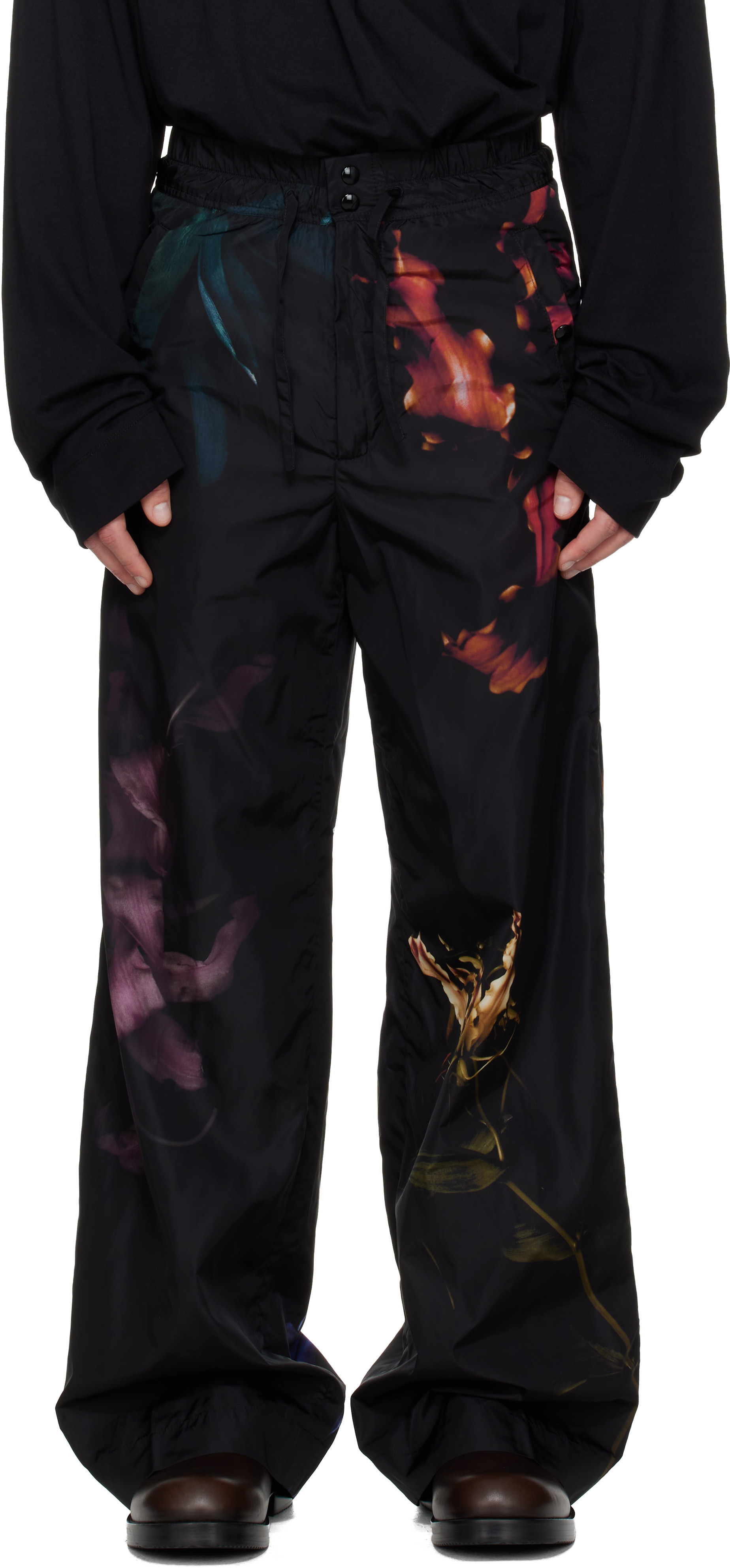 Dries Van Noten Black Floral Print Trousers | SSENSE