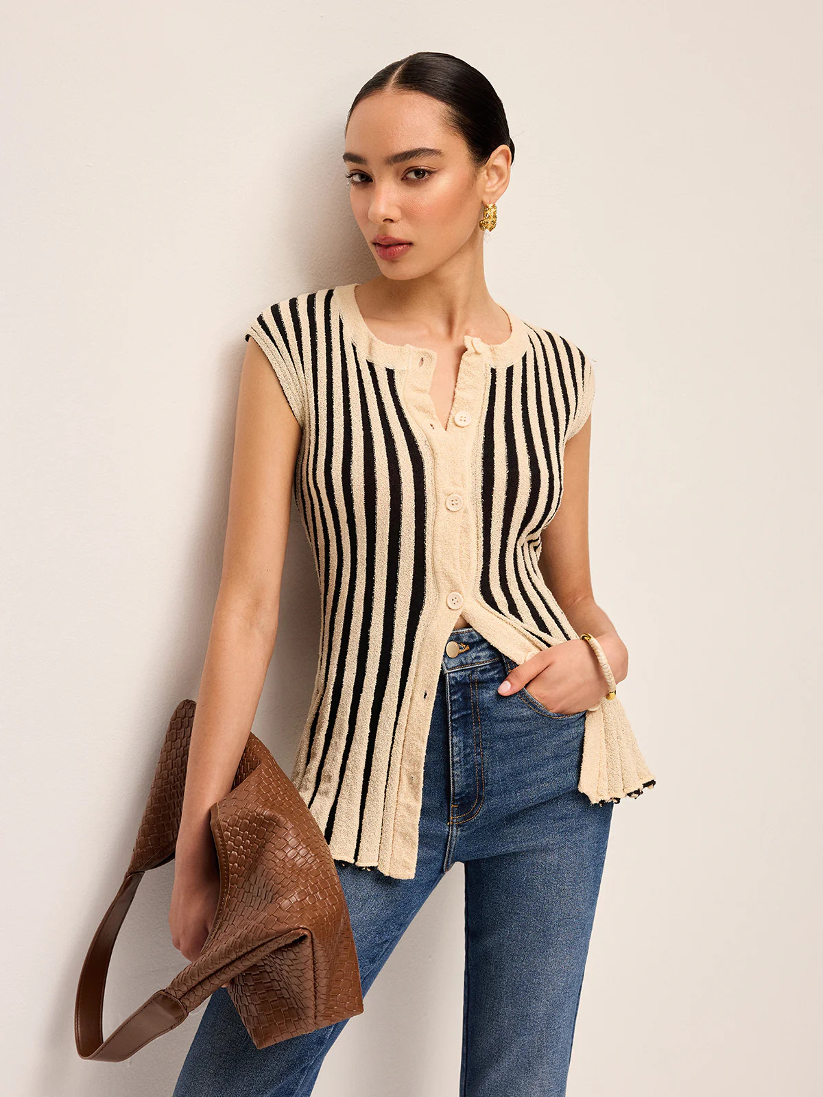 Stripe Button-Front Knit Top | Commense