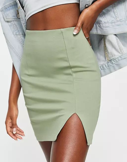 Stradivarius split detail mini skirt in sage | ASOS (Global)