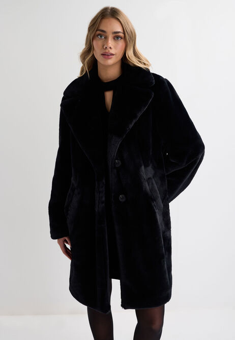 Womens Black Faux Fur Long Fluffy Coat | Peacocks