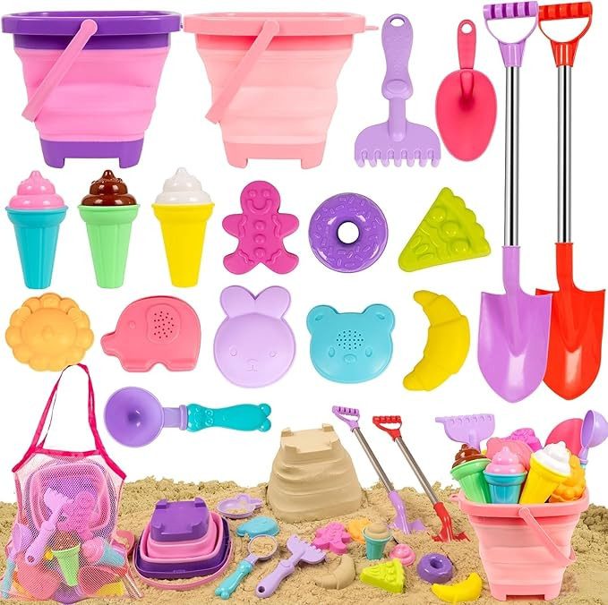 Beach Sand Toys Set Includes Collapsible Buckets 2 Big Size Sand Shovels, Rake, Animal Sand Molds... | Amazon (US)