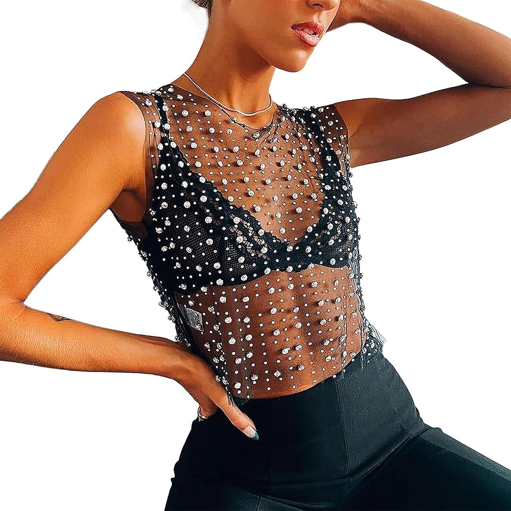 LIK EPOCH 2023 Women's Pearl Crop Top,Rhinestone Dress,Sleeveless Pearl Mesh Top,Sexy Crystal Pea... | Amazon (US)