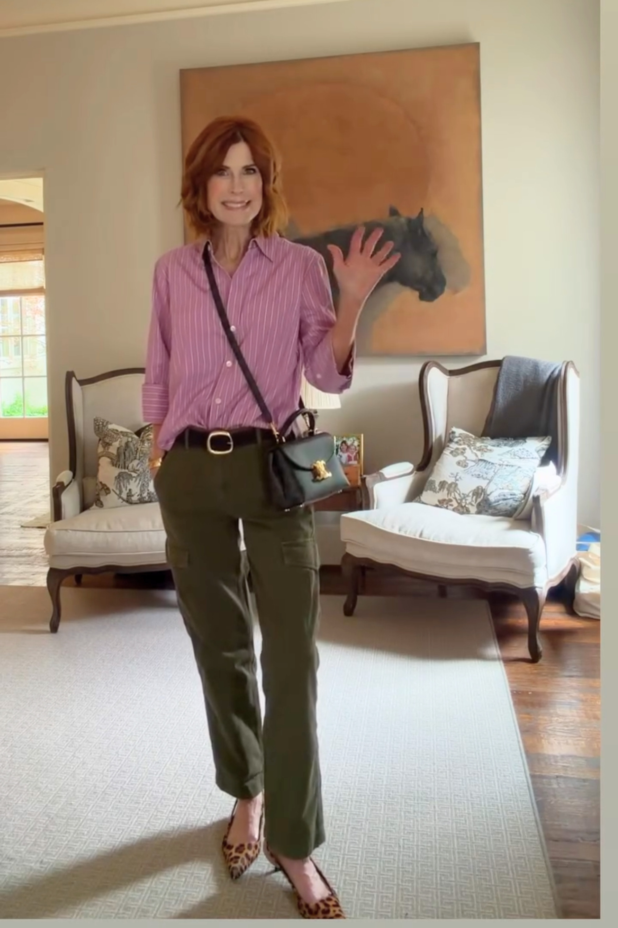 Obsessed with this mix of green cargo pants, classic stripes, and leopard accessories lately 🤎 It’s the perfect blend of relaxed and polished for summer outfits, vacation style, or casual date night outfits. Pants are size 23 and shirt is XS. #businesscasual #summerstyle #everydaystyle 

 

#LTKootd #LTKOver40