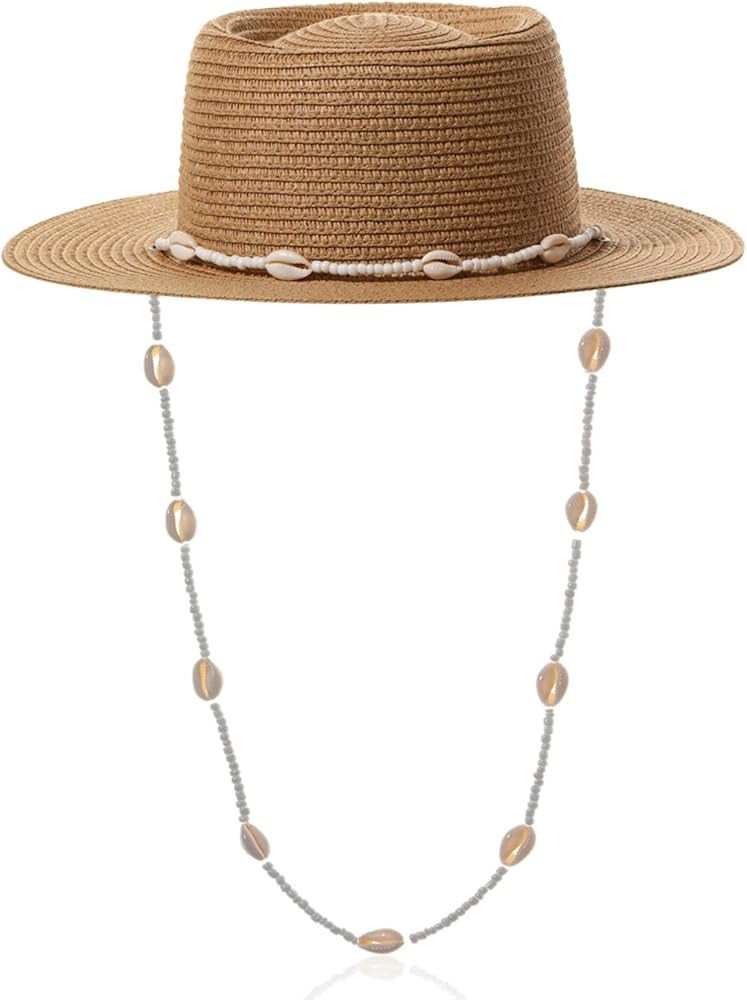 Women Woven Fedora Straw Sun Hat Wide Brim Finished with Seashells Sun Protection Summer Vacation... | Amazon (US)
