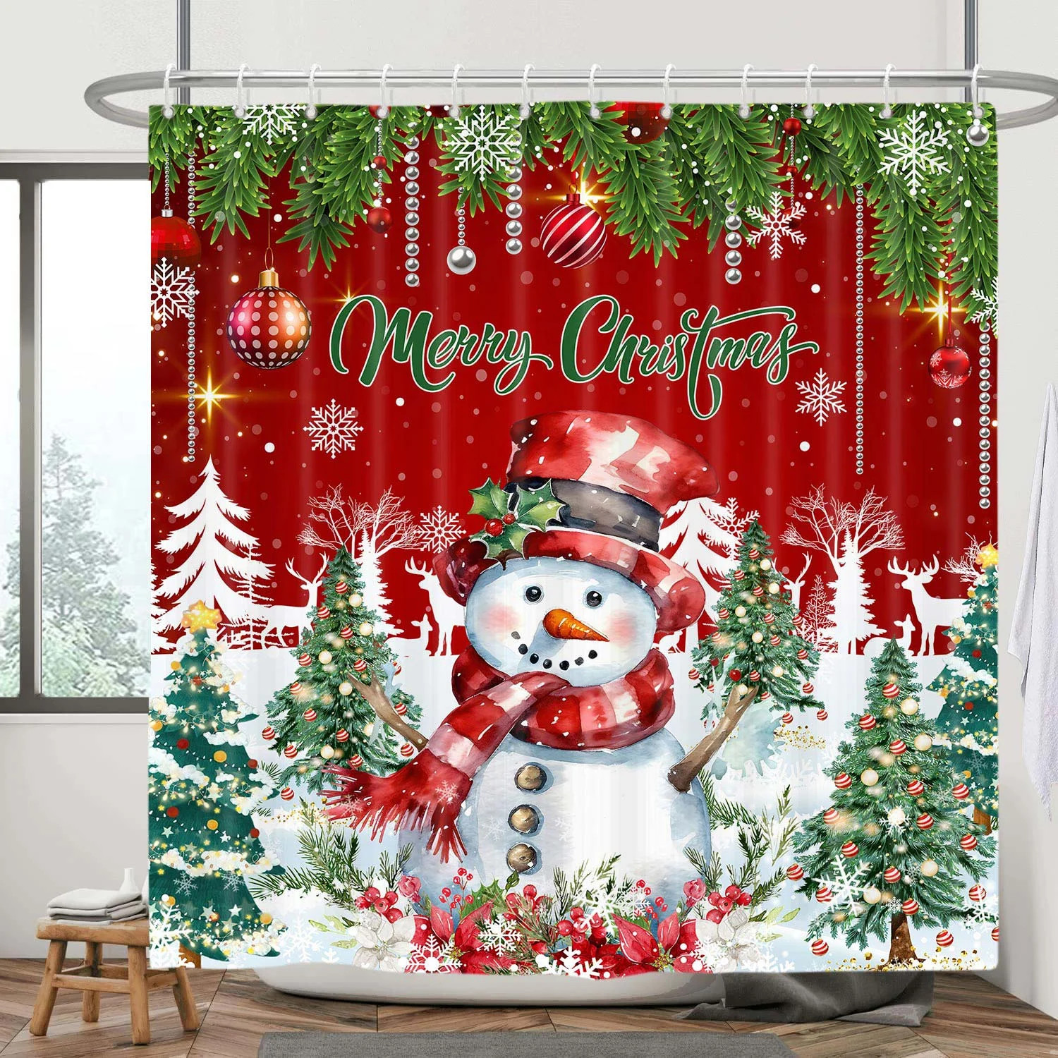Red Christmas Shower Curtain, Winter Christmas Snowman Shower Curtain Set, Xmas Pine Tree Christm... | Walmart (US)