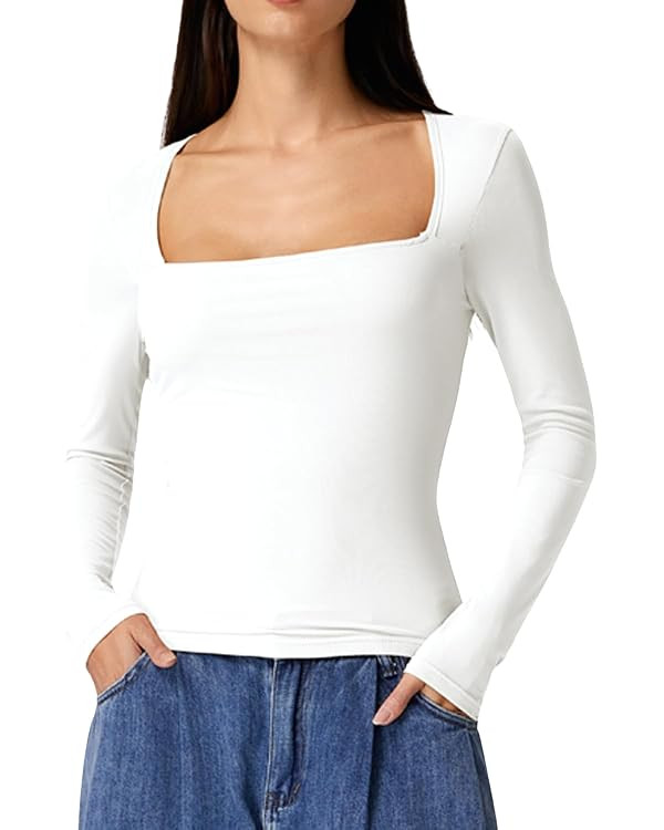 QINSEN Womens Square Neck Long Sleeve Mesh Sheer Top Double Lined Going Out Basic Shirt | Amazon (US)