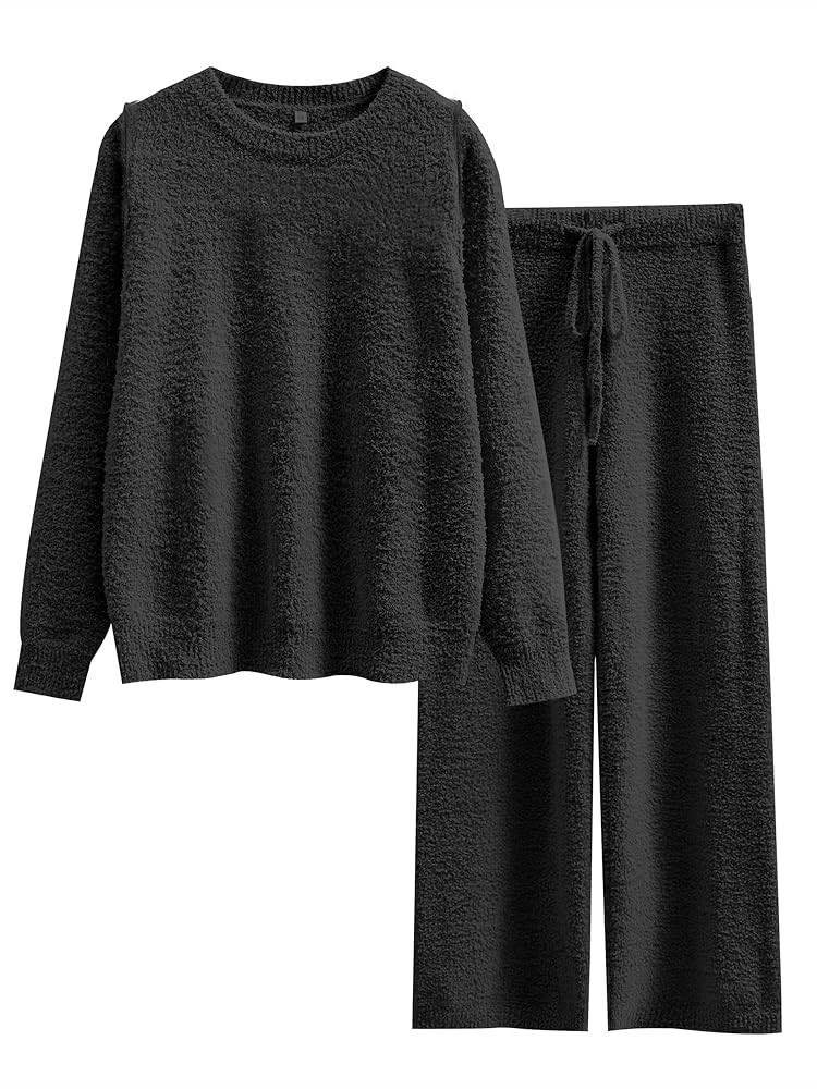 ANRABESS Women's Fuzzy Fleece Pajama Sets 2 Piece Outfits Long Sleeve Top Wide Leg Pants Lounge M... | Amazon (US)
