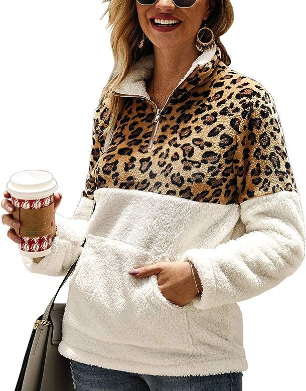 Women‘s Long Sleeve Leopard Block Zipper Sherpa Sweatshirt Soft Fleece Pullover Sweater Coat wi... | Amazon (US)